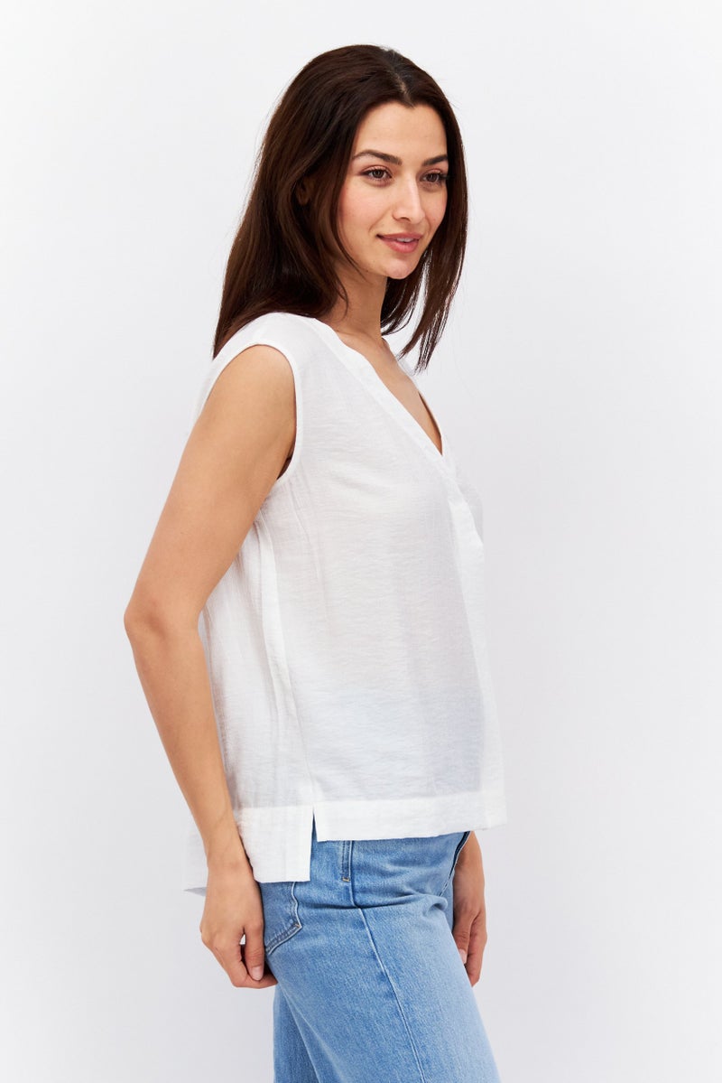 ESPRIT Women V Neck Sleeveless Textured Blouse, White - Image 2